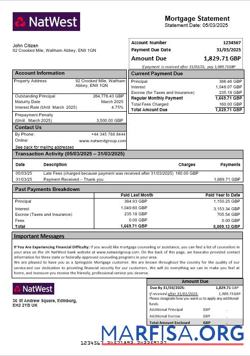 Realistic United Kingdom NatWest bank mortgage statement in Word and PDF formats template